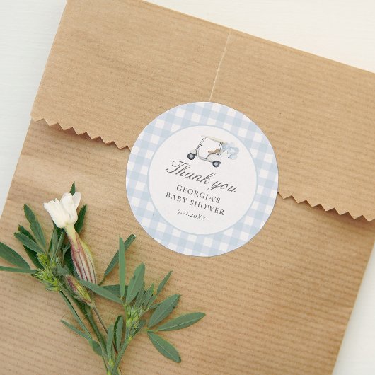 Blue Gingham Golf Baby shower Ronde Sticker