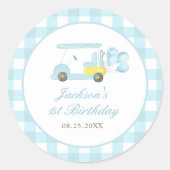 Blue Gingham Golf Boy 1e verjaardag Ronde Sticker (Voorkant)