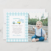 Blue Gingham Golf Boy 1st Birthday Foto Bedankkaart (Voorkant)