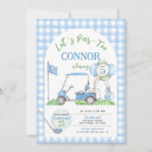 Blue Gingham Golf Verjaardag Par-T-shirt Uitnodigi Kaart (Voorkant)