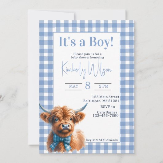 Blue Gingham Highland koe baby shower uitnodiging (Voorkant)