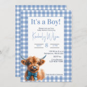 Blue Gingham Highland koe baby shower uitnodiging (Voorkant / Achterkant)