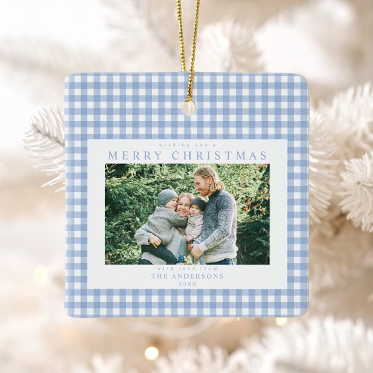 Blue Gingham Kerstfoto Keramisch Ornament