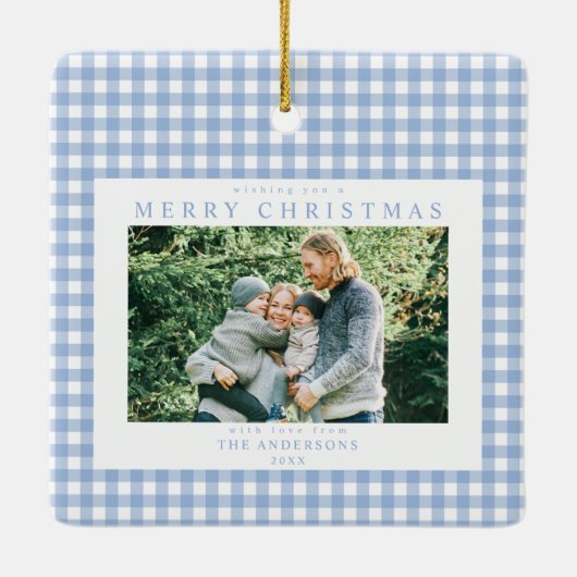 Blue Gingham Kerstfoto Keramisch Ornament (Achterkant)