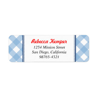 Blue gingham land rustieke charme retour adres etiket