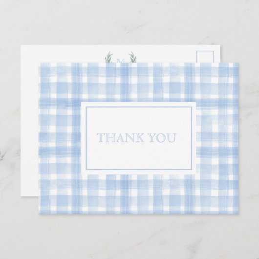 Blue Gingham Laurel Crest Bedankt Briefkaart (Voorkant / Achterkant)