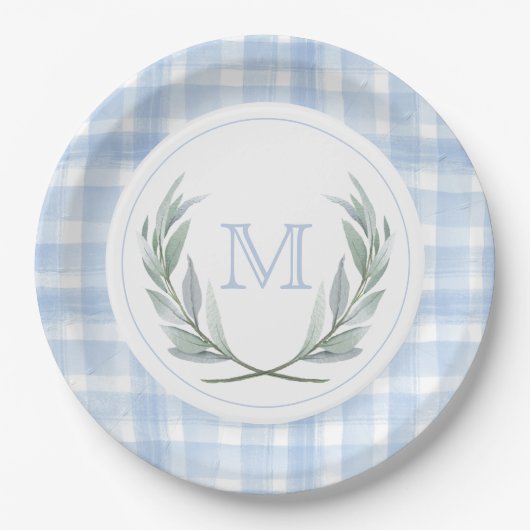Blue Gingham Laurel Crest Papier Borden Papieren Bordje (Voorkant)