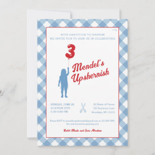 Blue Gingham met Red Balloon Upsherin Invitation Kaart
