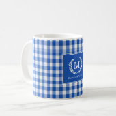 Blue Gingham Monogram Crest Custom Koffiemok (Voorkant links)
