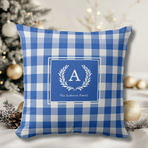 Blue Gingham Monogram Crest Kussen