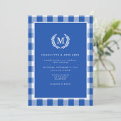 Blue Gingham Monogram Crest QR-code Kaart (Staand voorkant)