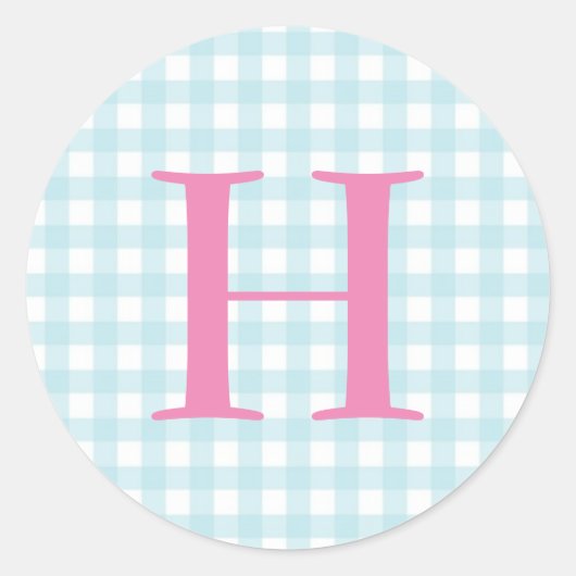 Blue Gingham Monogram Ronde Sticker (Voorkant)