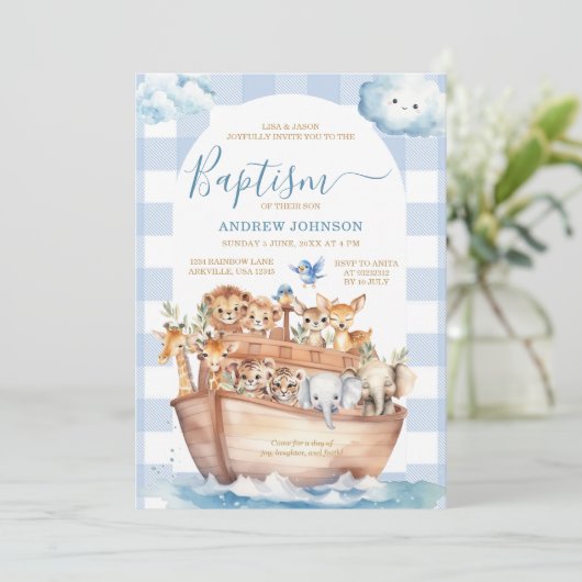 Blue Gingham Noah's Ark Leuke Dieren Doop Kaart (Staand voorkant)