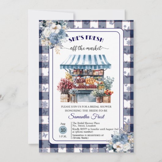 Blue Gingham Off the Market QR Code Bridal Shower  Kaart (Voorkant)
