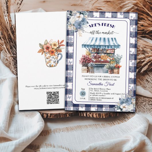 Blue Gingham Off the Market QR Code Bridal Shower  Kaart