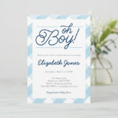 Blue Gingham "Oh Boy" Baby Shower Uitnodigingen (Staand voorkant)