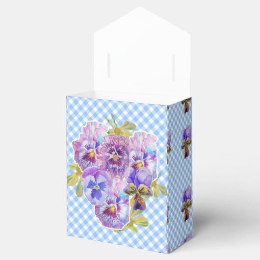 Blue Gingham Pansy Bloemen Bruiloft Cake Bedankdoosjes (Geopend)