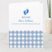 Blue Gingham Personalized Baby Welcome Card  Kaart (Voorkant)