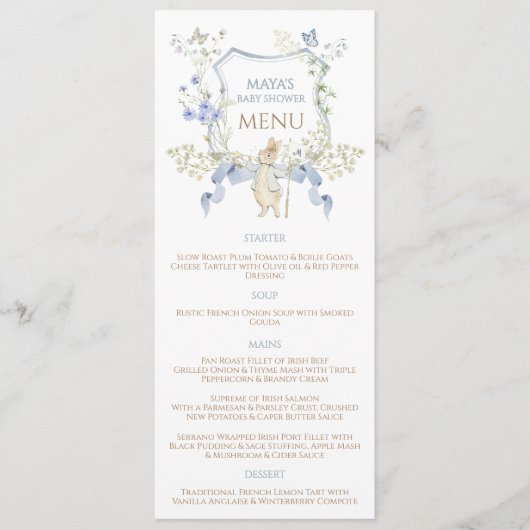 Blue Gingham Peter the Rabbit Baby shower MUTED BL Menu (Voorkant)