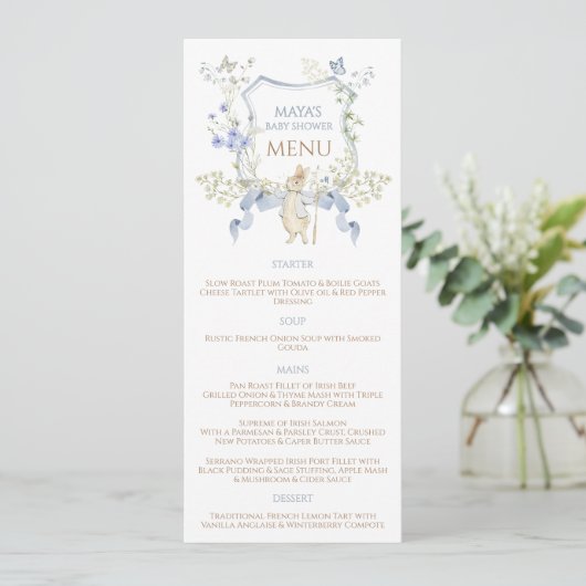 Blue Gingham Peter the Rabbit Baby shower MUTED BL Menu (Staand voorkant)