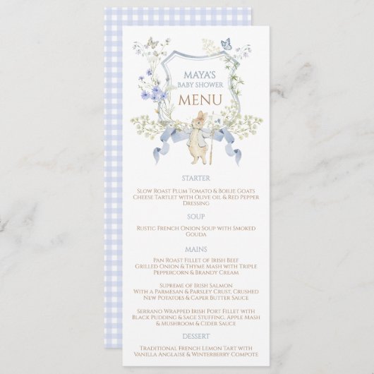 Blue Gingham Peter the Rabbit Baby shower MUTED BL Menu (Voorkant / Achterkant)