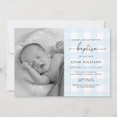 Blue Gingham Photo Baptism Invitation Kaart (Voorkant)