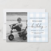 Blue Gingham Photo Birthday Invitation Kaart (Voorkant)