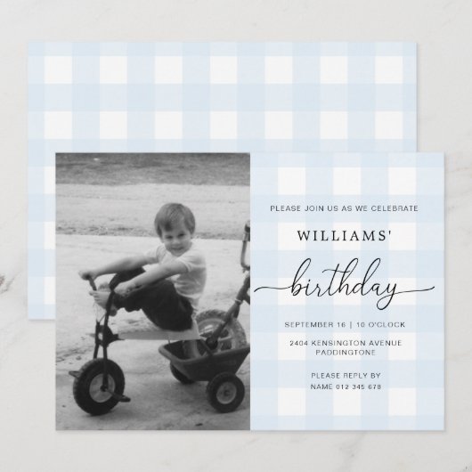 Blue Gingham Photo Birthday Invitation Kaart (Voorkant / Achterkant)