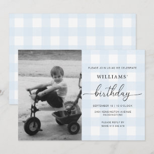 Blue Gingham Photo Birthday Invitation Kaart