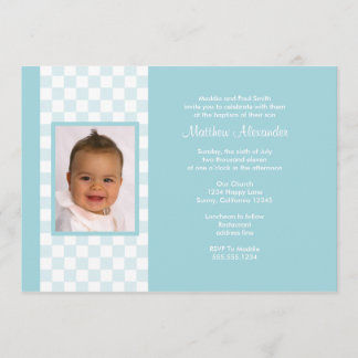 Blue Gingham Photo Invitation Kaart