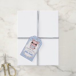Blue Gingham Piggy Baby shower dank u Cadeaulabel