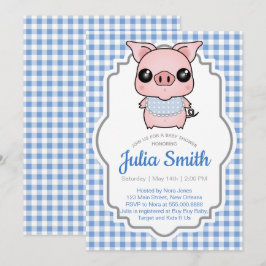 Blue Gingham Piggy Baby shower Invitation Kaart