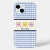 Blue Gingham Plaid Floral Monogram Case-Mate iPhone Case (Achterkant)