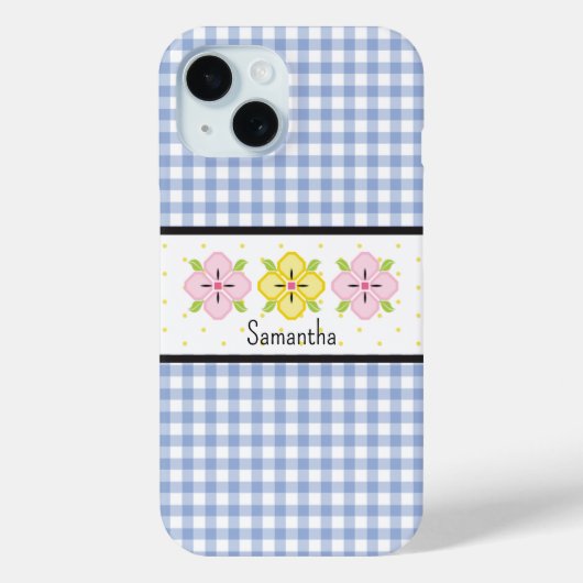 Blue Gingham Plaid Floral Monogram Case-Mate iPhone Case (Achterkant)