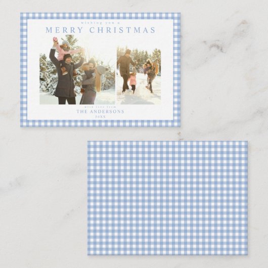 Blue Gingham Plaid Two Photo Mini Holiday Card Notitiekaartje (Voorkant / Achterkant)