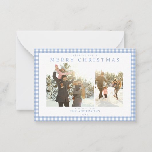 Blue Gingham Plaid Two Photo Mini Holiday Card Notitiekaartje (Voorkant)