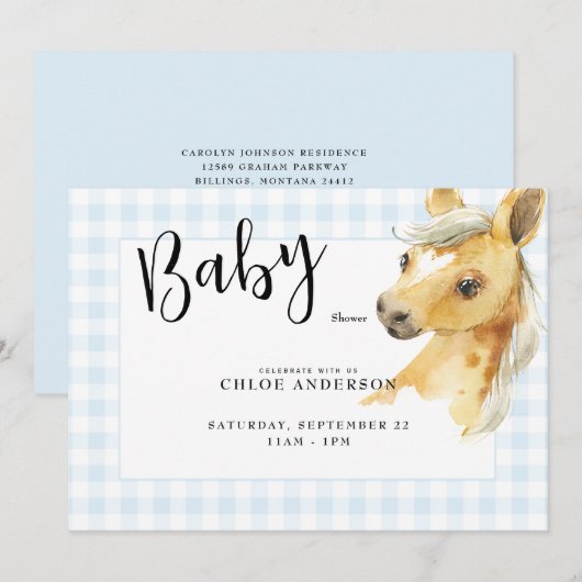 Blue Gingham Pony Baby shower Invitation Kaart (Voorkant / Achterkant)