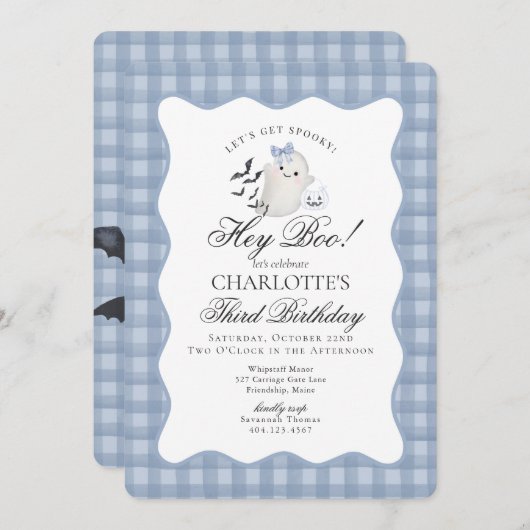 Blue Gingham Preppy Ghost Hey Boo Birthday Kaart (Voorkant / Achterkant)