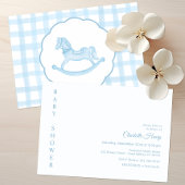 Blue Gingham Rocking Horse Baby shower Kaart