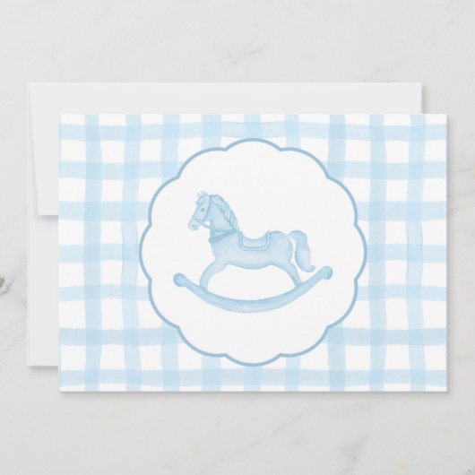 Blue Gingham Rocking Horse Baby shower Kaart (Voorkant)
