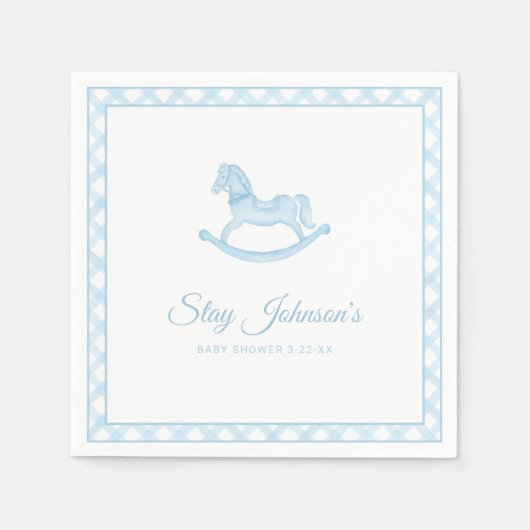 Blue Gingham Rocking Horse Baby shower servetten (Voorkant)