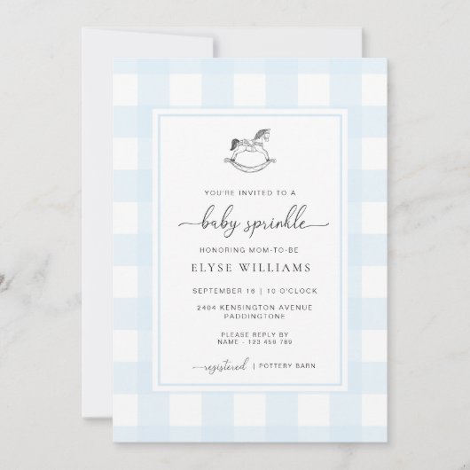 Blue Gingham Rocking Horse Baby Sprinkle Kaart (Voorkant)
