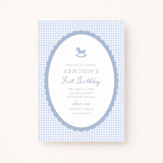 Blue Gingham Rocking Horse Boy Birthday Invitation