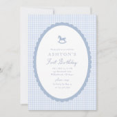 Blue Gingham Rocking Horse Boy Birthday Invitation (Devant)