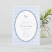 Blue Gingham Rocking Horse Boy Birthday Invitation (Debout devant)