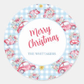 Blue Gingham  rode kerstwagens Ronde Sticker (Voorkant)