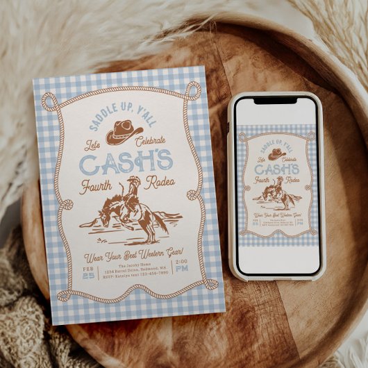 Blue Gingham Rope Rodeo Invitation