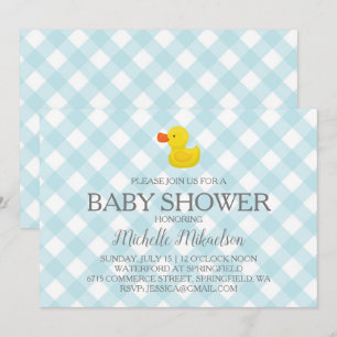 Blue Gingham Rubber Duckie Baby shower Kaart