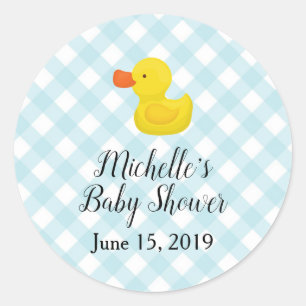 Blue Gingham Rubber Duckie Baby shower Ronde Sticker