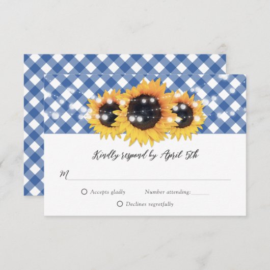 Blue Gingham Rustic Sunflower Wedding RSVP Kaartje (Voorkant / Achterkant)